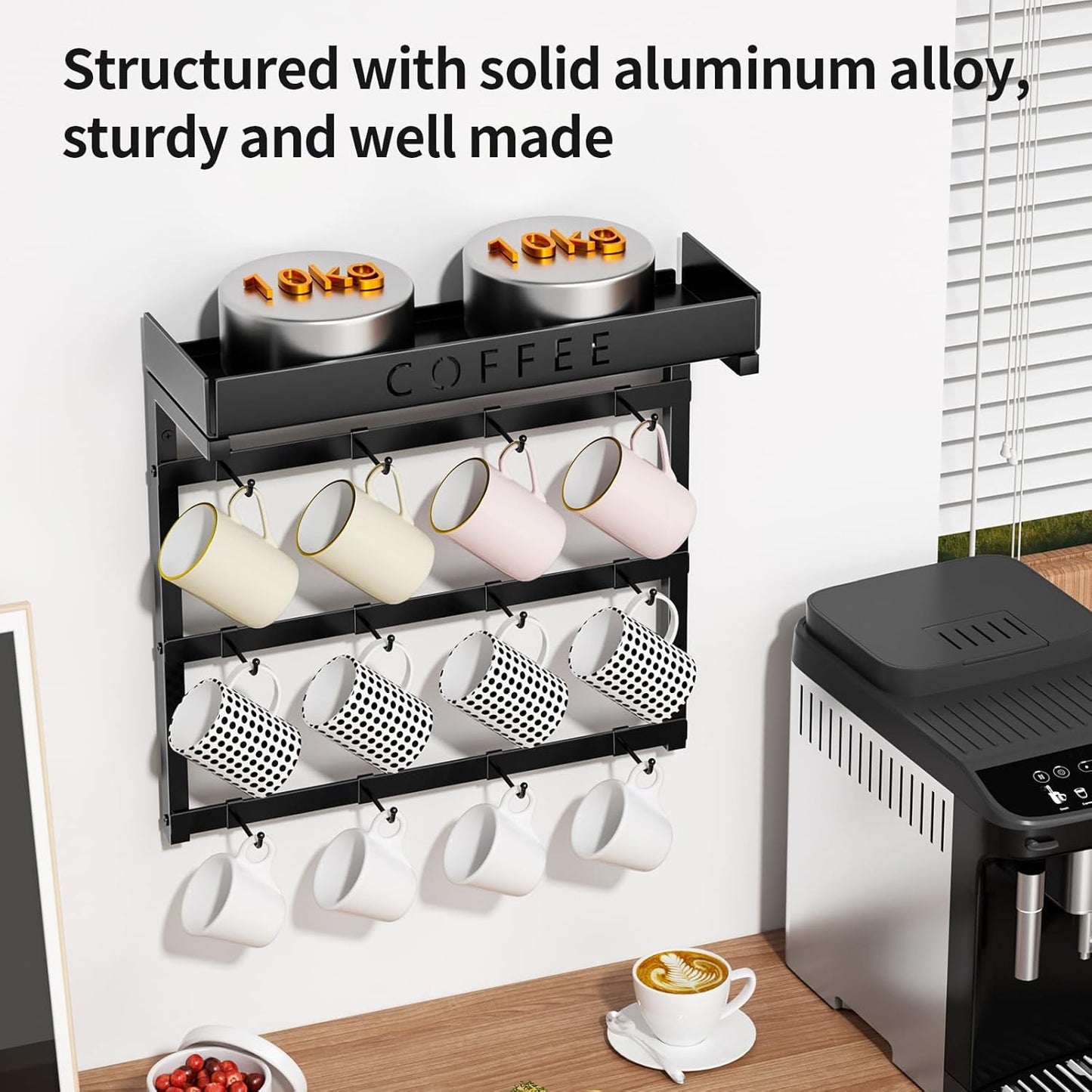 RCHYFEED Coffee Mug Holder Wall Mounted, Mug Rack Organizer for Home Kitchen Display and Collection, Metal Cup Holder Mug Tree with Adjustable 12 Hooks and Storage Shelf for Coffee Pods Sugar Bags