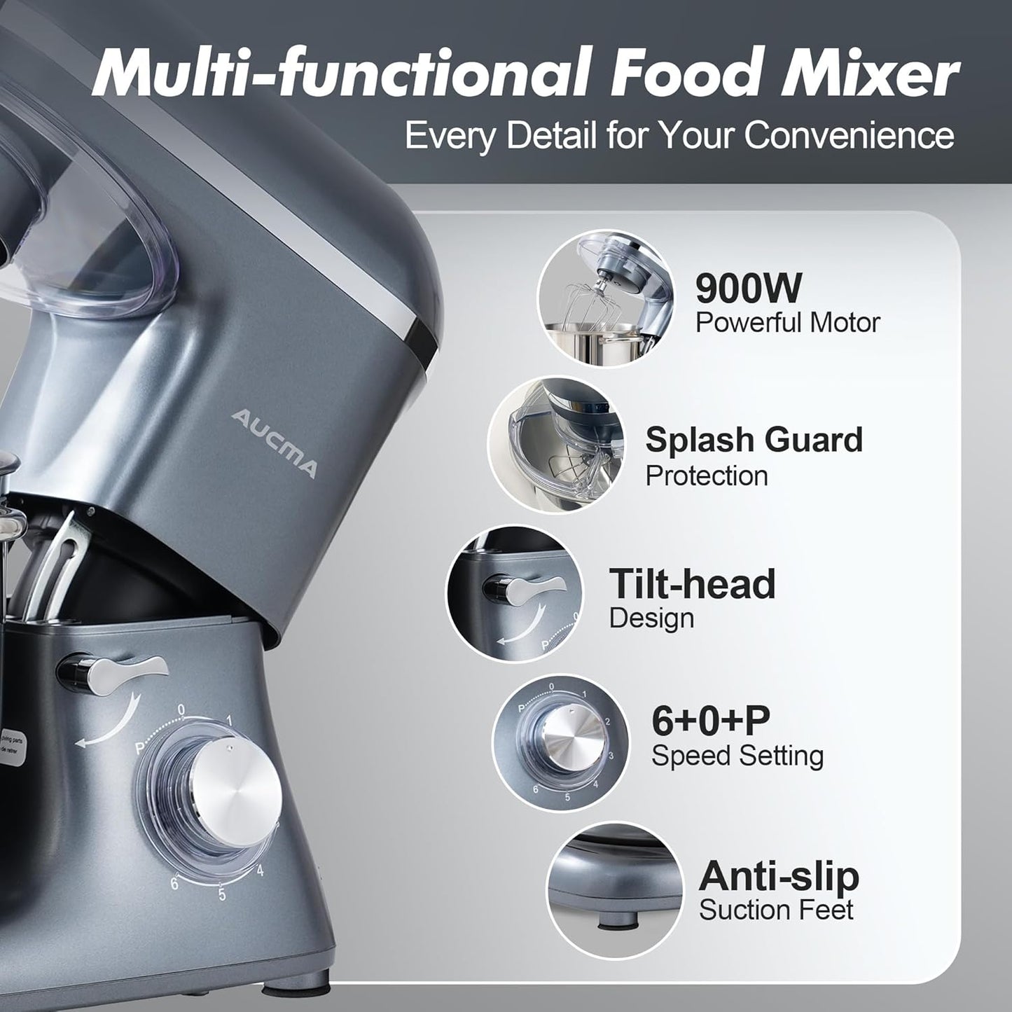 Aucma Stand Mixer, 900W 8QT Large Kitchen Mixer, Kitchen Electric Mixers with Dough Hook, Wire Whip & Beater (Gray, 8QT)