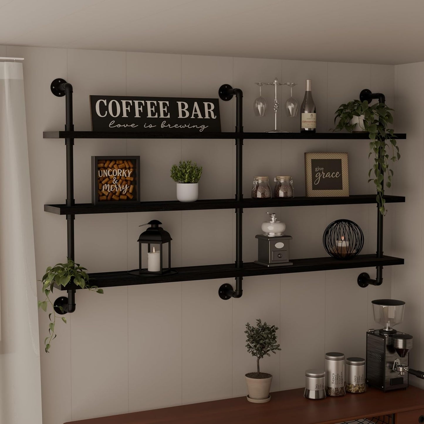 Industrial Pipe Shelving Rustic Black Pipe Wall Shelves Industrial Shelves with Wood Planks Floating Shelves 60 Inch Farmhouse Bathroom,Kitchen Shelving Wall Mounted