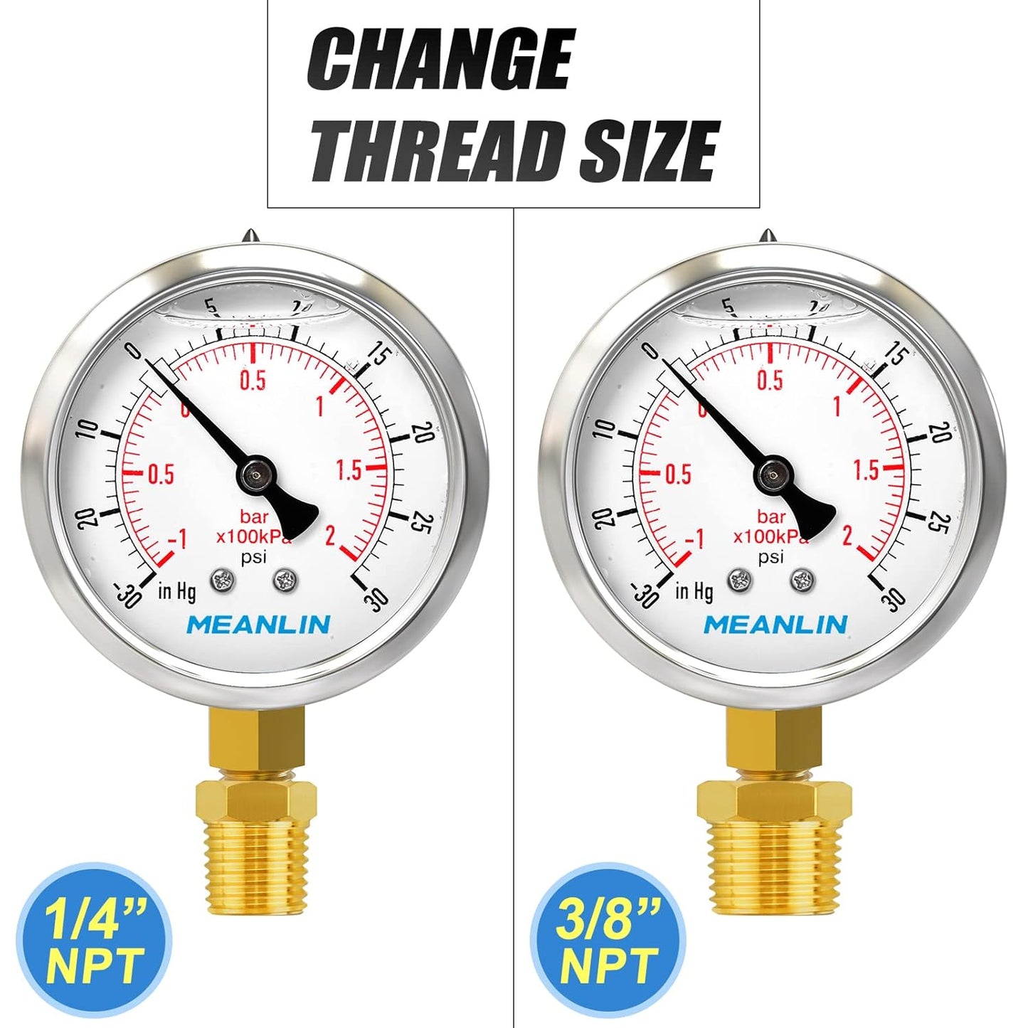 MEANLIN MEASURE -30inHG~30Psi Stainless Steel 1/8" NPT 2.5" FACE DIAL Vacuum Pressure Gauge, Lower Mount, with 1/4" NPT and 3/8" NPT Hex Bushing
