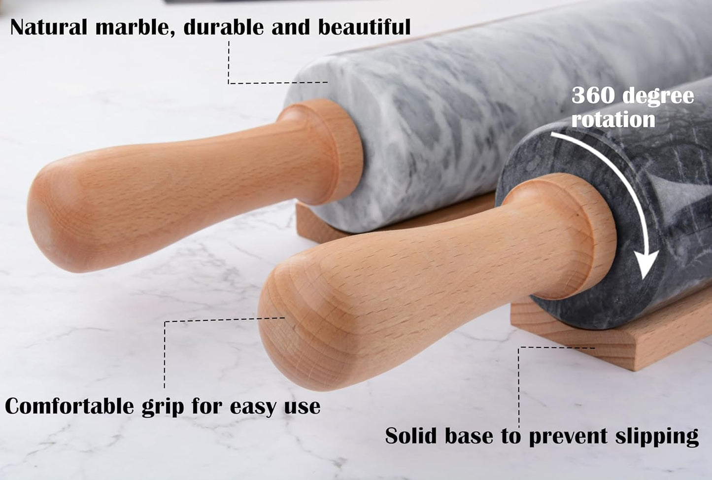 Marble Rolling Pin Set with Silicone Pastry Mat,Pastry Brush,Cooking Tongs,Stainless Steel Scraper18.5 inch Polished Non-Stick Roller for Pizza Dough,Fondant,Pie Crust(Gray Black)