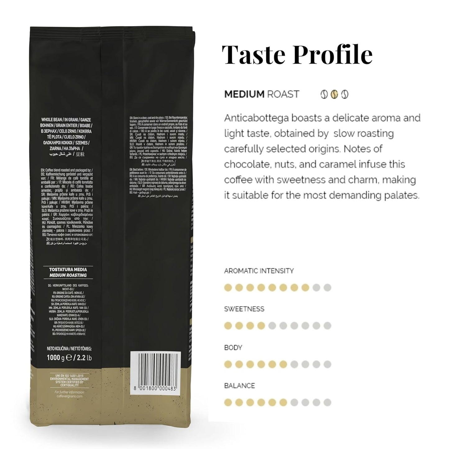 Caffe Vergnano 1882 Antica Bottega Whole Bean Arabica Medium Roast Espresso, 2.2 lbs Bag - Italian Coffee Beans with notes of Chocolate, Nuts & Caramel, Intensity 5/10-1000g Bag