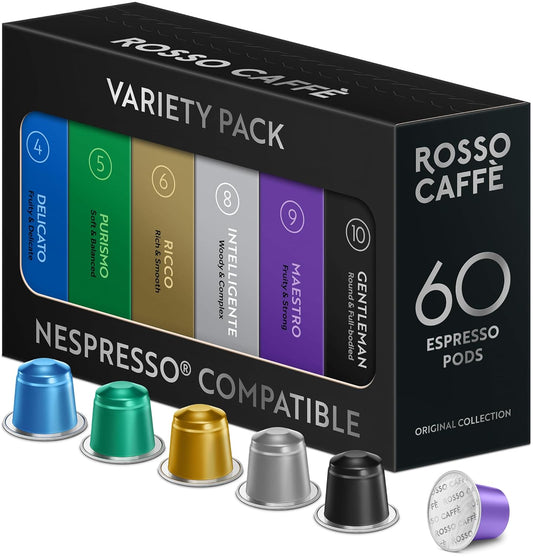 ROSSO CAFFÈ 60 Espresso Coffee Pods for Nespresso Original Machines - Premium Capsule Sampler Variety Pack 6 Flavors, Rich Breakfast to Intense Roasts