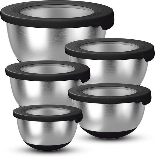 Stainless Steel Mixing Bowls with Lids – Set of 5 Large Nesting Metal Bowls for Kitchen, Baking, Cooking, Food Prep & Storage, Non-Slip Base, Dishwasher Safe,Black