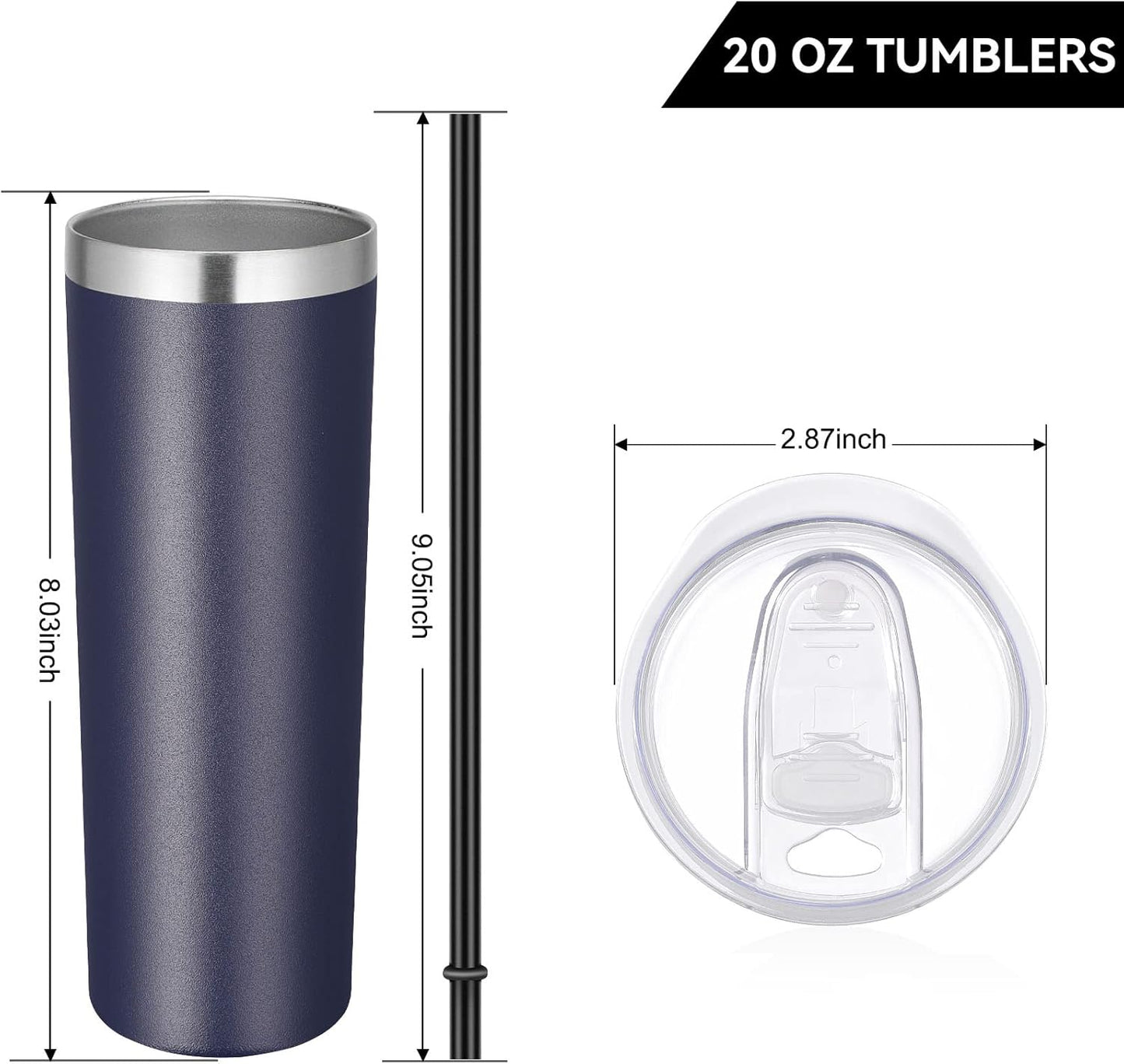 VEGOND Stainless Steel Tumblers Bulk 12 Pack, 20 oz Vacuum Insulated Skinny Tumblers with Lids and Straws, Double Wall Coffee Mug, Travel Water Cup, Navy Blue
