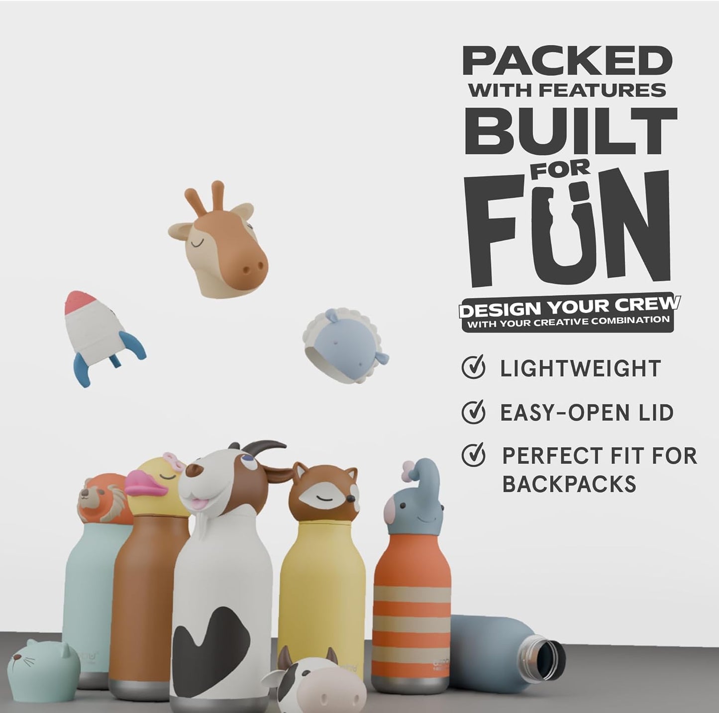 asobu Bestie Bottle Insulated Stainless Steel Water Bottle with Detachable Soft Animal Head Fun Drinking For Kids and Teens with Flexible Reusable Straw 16 Ounce