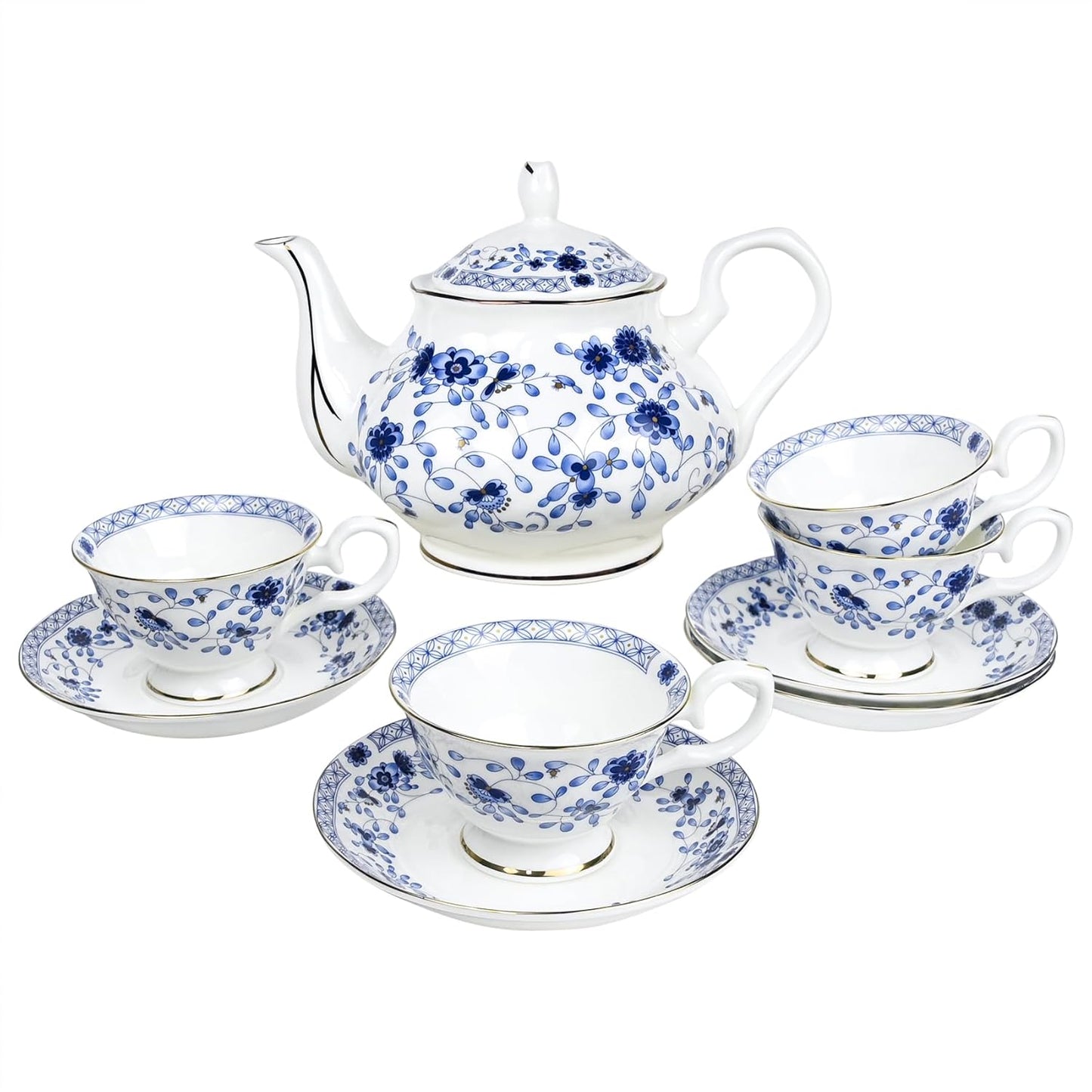 Bone China Tea Set for Adults, 13-Piece Porcelain Tea Sets,Blue and White Bone China Tea Cup Set for 4，Vintage Tea Sets for Women Tea Party or Christmas Gifts