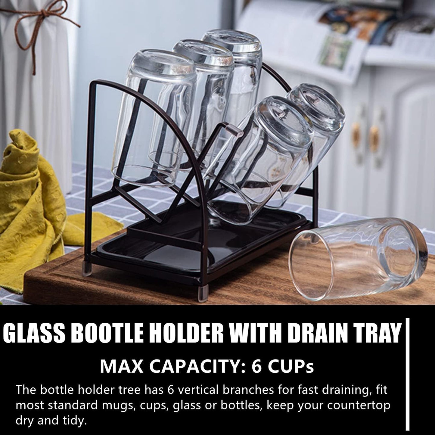 RHBLME 2 Packs Glass Drying Rack, Vertical Bottle Drying Rack Glass Bottle Holder with Drain Tray, Silicone Protective Hooks, Carbon Steel Non Slip Cup Mug Organizer for Glass Coffee Mug Countertop