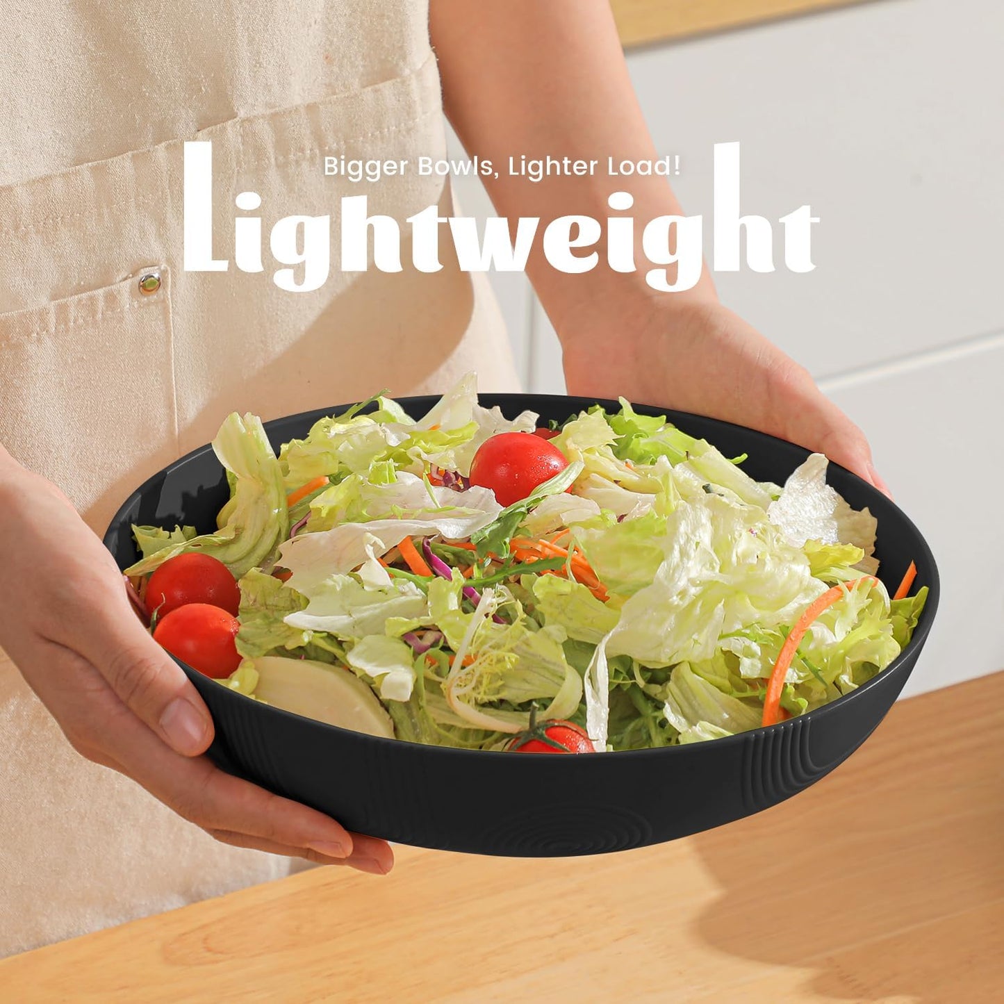 Homienly Wheat Straw Large Salad Bowl Set - Salad Bowls for Kitchen, Party, 60 OZ Large Capacity Serving Bowls Set of 2, Microwave and Dishwasher Safe Big Fruit Bowls (Black)