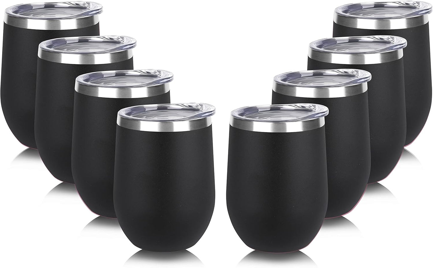DOMICARE Stainless Steel Wine Tumbler Bulk with Lid, Personalized Insulated Tumblers Set, 12oz Travel Coffee Cups Pack of 8, Black
