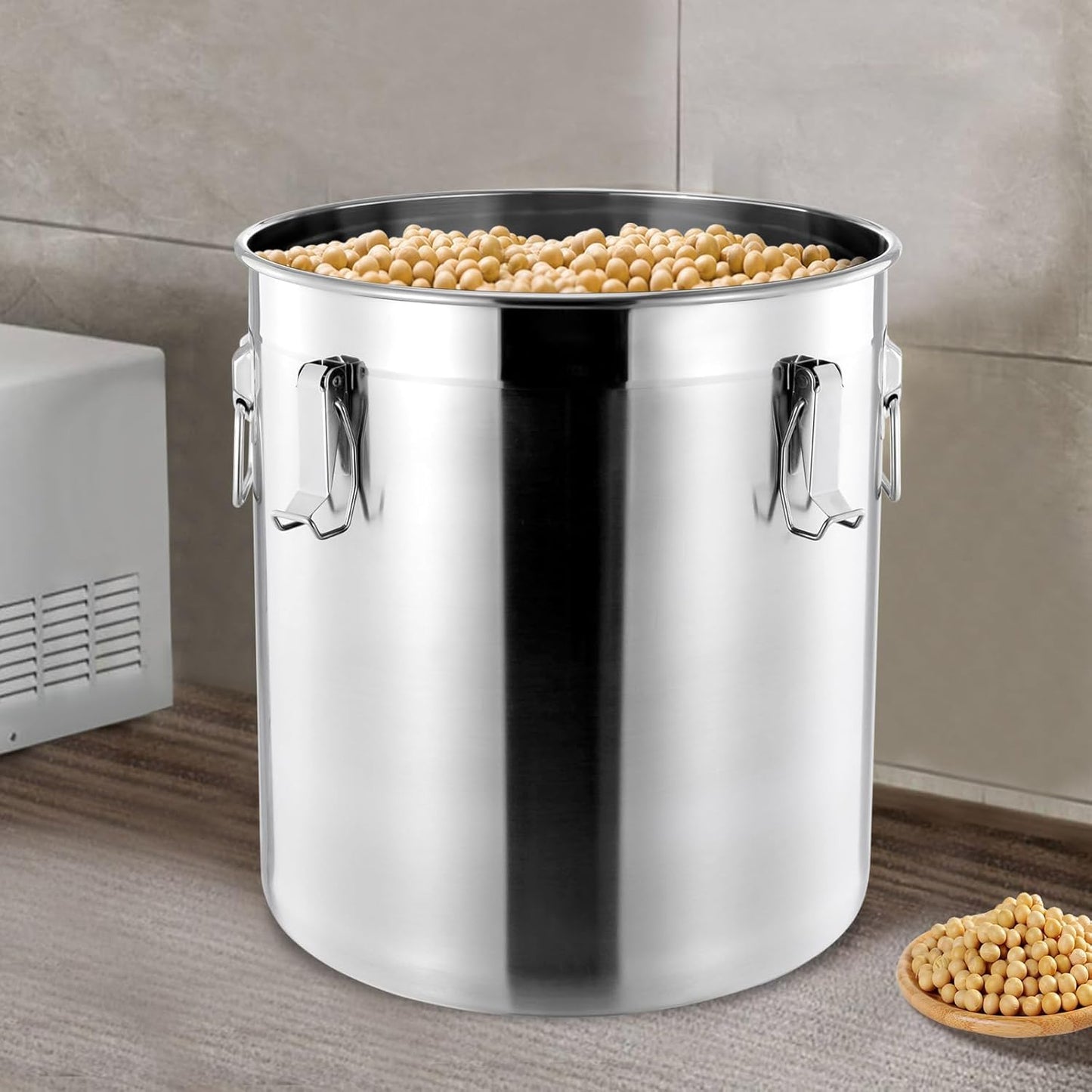 PERFERATE 304 Stainless Steel Airtight Canister 6L/12L Food Storage Bucket with Lids and Sturdy Locking Clamp Metal Cereal Rice Storage Container for Flour, Coffee Bean, Sugar, Cookie (48L)