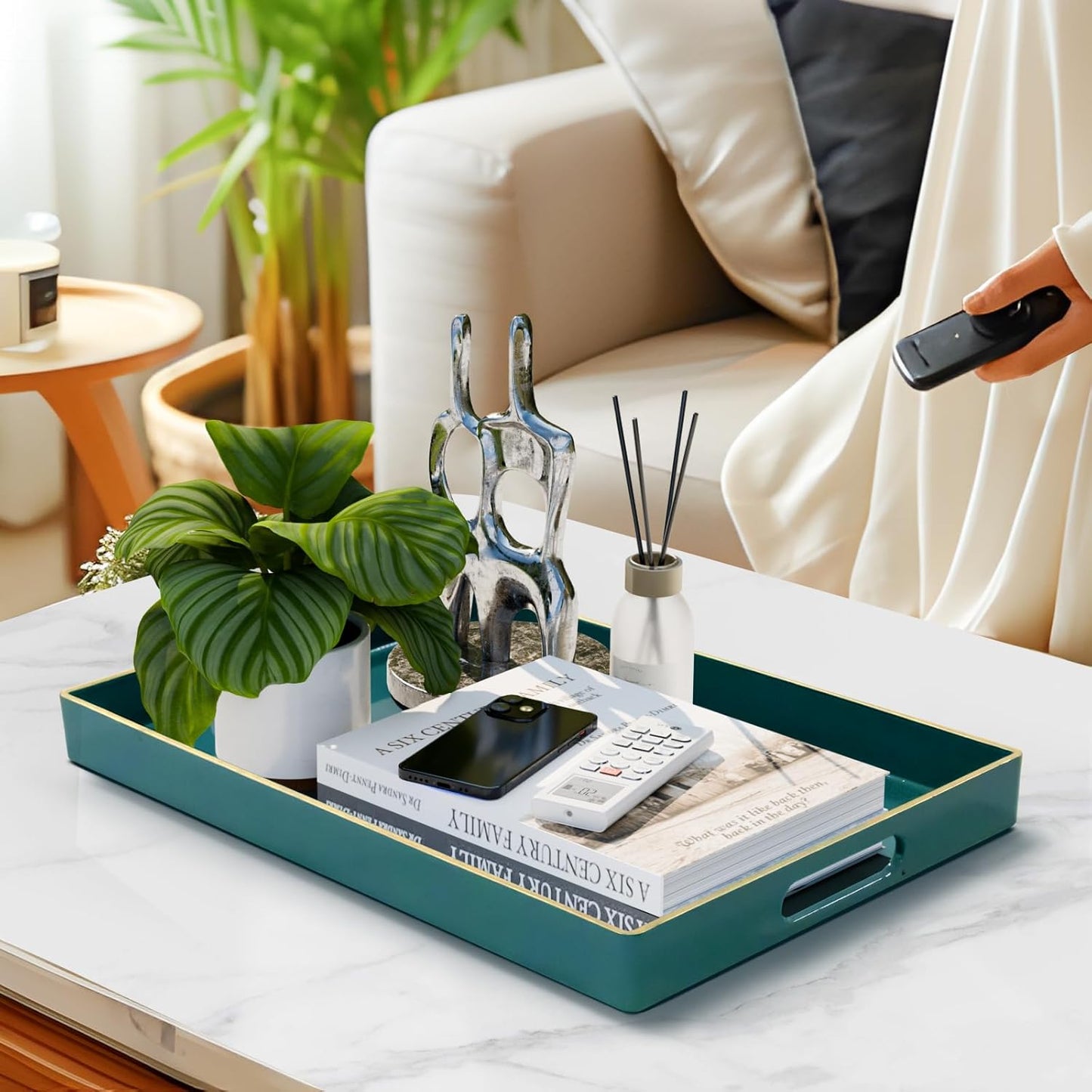 MAONAME Teal Serving Tray with Handles, Modern Decorative Tray for Coffee Table, Plastic Rectangular Trays for Ottoman, Bathroom, Decor, 15.8” x 10.2” x1.4