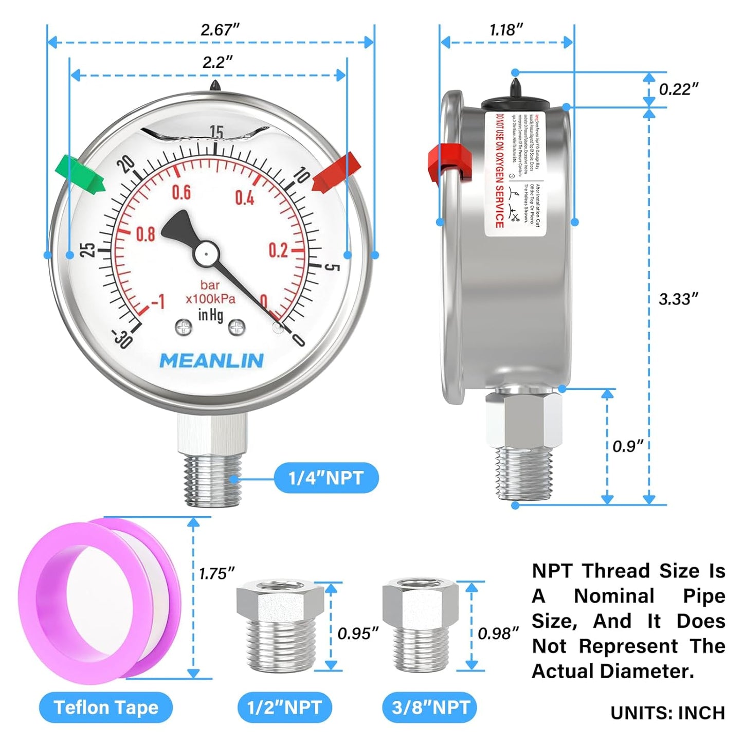 MEANLIN MEASURE -30inHG~0Psi Vacuum Pressure Gauge 316 Stainless Steel Joint 1/4"NPT 2.5"FACE DIAL, Liquid Filled Pressure Gauge WOG Water Oil Air Lower Mount with Stainless Steel Hex Bushing, Snaps