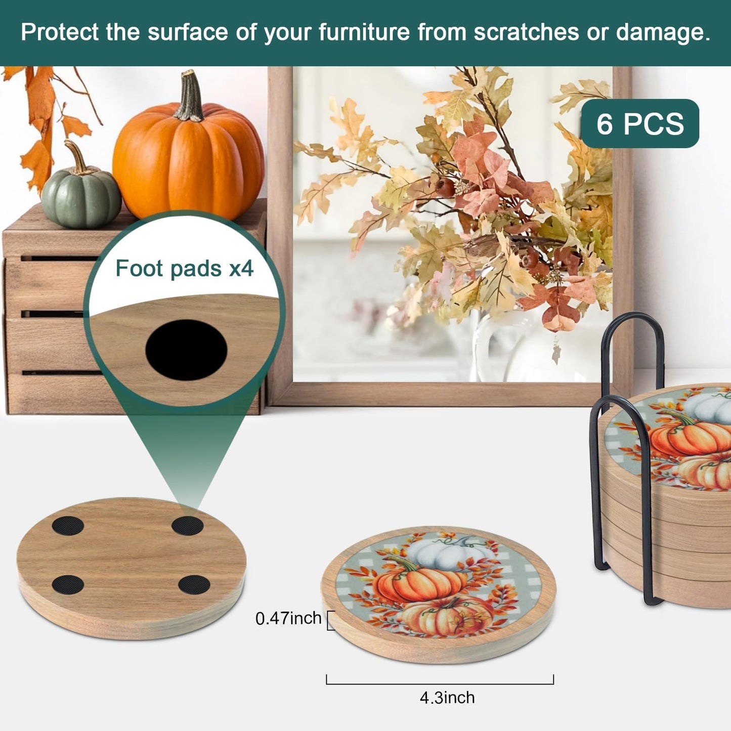 Fall Coasters Set of 6, Pumpkins Coaster, Minacun Absorbent Coasters with Holder Halloween Thanksgiving Themed Party Decoration 4.3 Inch