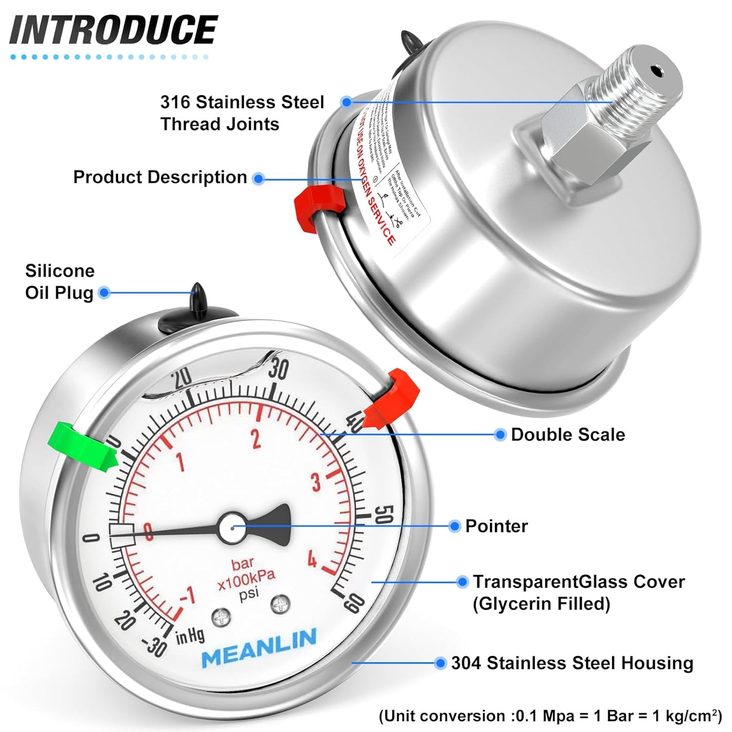 MEANLIN MEASURE -30inHG~60Psi Vacuum Pressure Gauge 316 Stainless Steel Joint 1/4"NPT 2.5"FACE DIAL, Liquid Filled Pressure Gauge WOG Water Oil Air Back Mount with Stainless Steel Hex Bushing, Snaps
