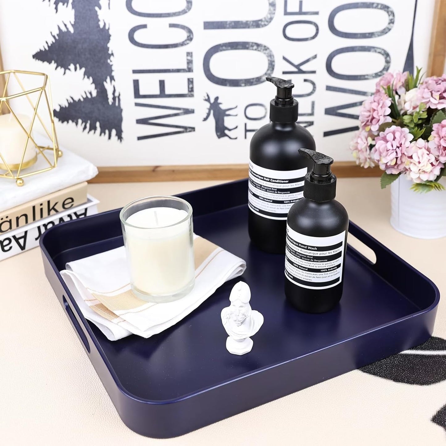 Square Navy Blue Decorative Serving Tray with Handles, Versatile Ottoman Tray for Coffee Table, Entertaining, Outdoor Patio, Living Room, 13”*13”*1.6”
