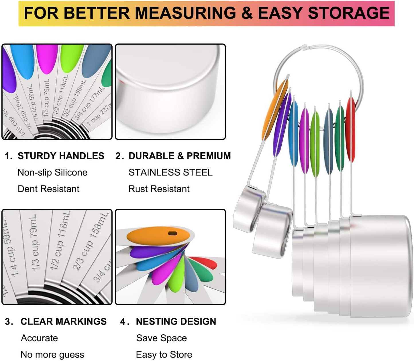 Measuring Cups & Spoons Set of 16, Wildone Premium Stainless Steel Measuring Cups and Measuring Spoons with Colored Silicone Handle, Including 8 Nesting Cups, 8 Spoons, for Dry and Liquid Ingredient