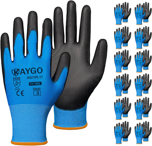 KAYGO Safety Work Gloves PU Coated-12 Pairs, KG11PB, Seamless Knit Glove with Polyurethane Coated Smooth Grip on Palm & Fingers, for Men and Women, Ideal for General Duty Work (XX-Large,Blue)