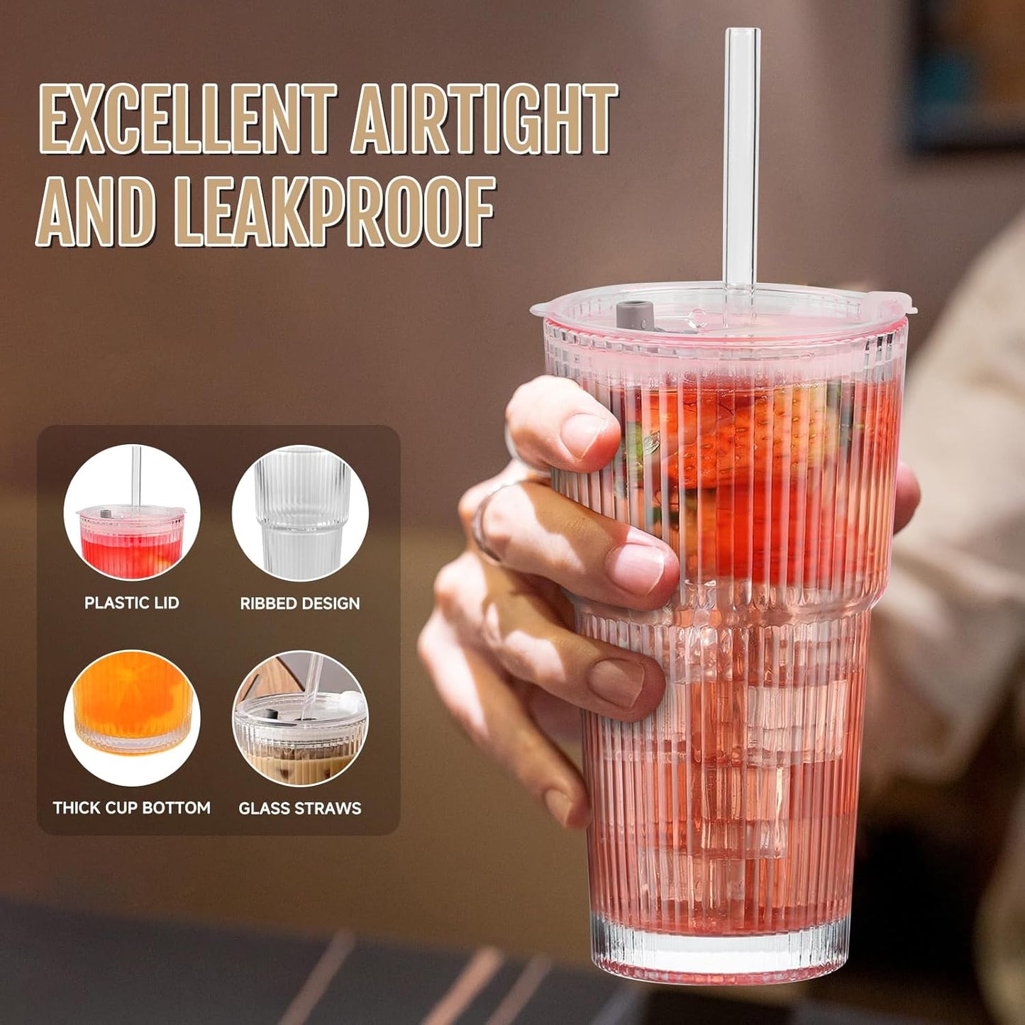 20oz Ribbed Glass Cups with Lids and Straws, Vintage Glass Tumbler with Straw, 2 Piece Iced Coffee Cups Set, Thicked Wall Drinking Glasses Ideal for Coffee, Smoothies, Juices Matchas