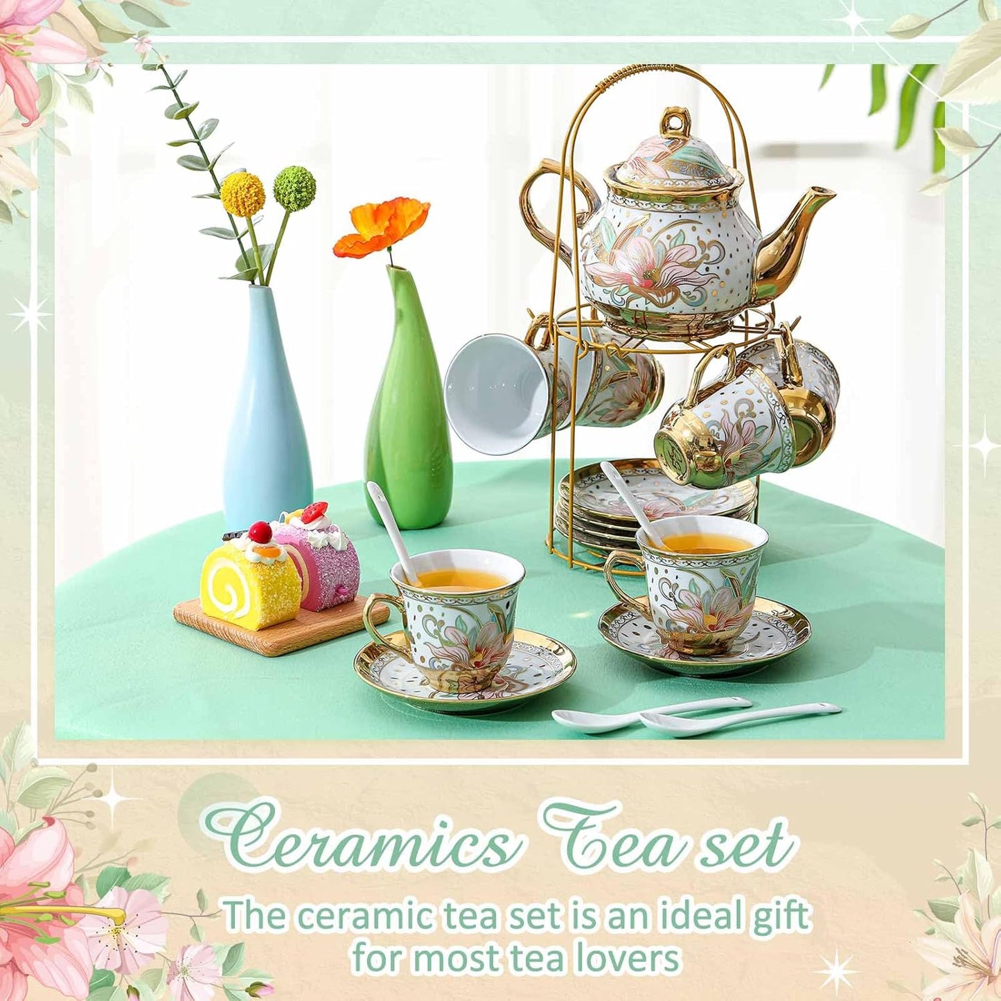 Zhehao 20 Pcs Porcelain Tea Set with Metal Holder and Spoon Adult Ceramic Tea Party Set European Flower Painting Teapot Cup Saucer Spoon Set for Women, Large Version(Traditional Style)