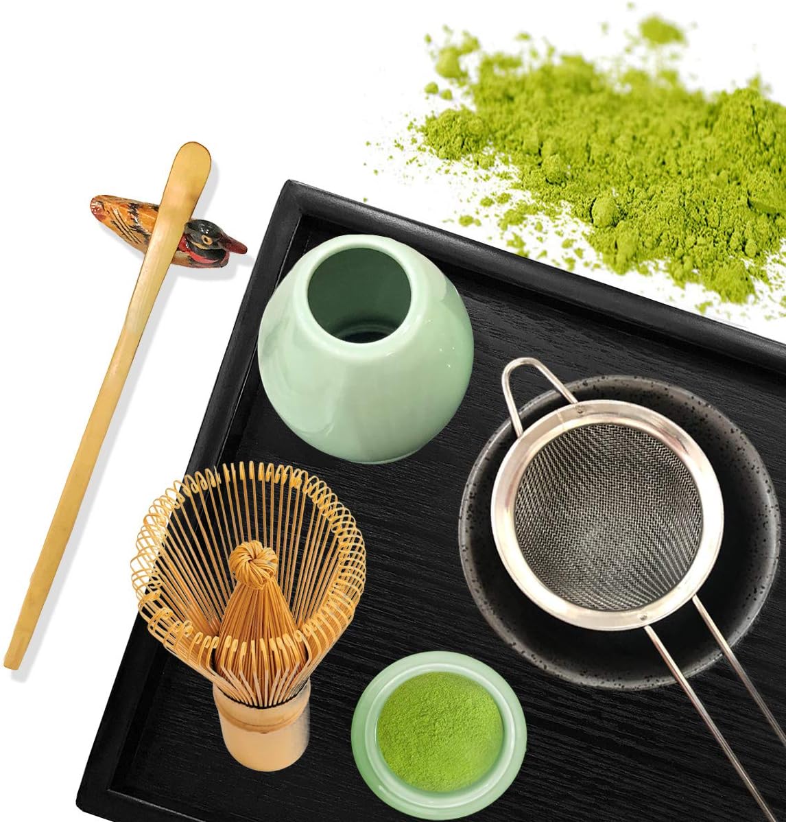 Artcome Japanese Matcha Tea Set, Matcha Whisk, Traditional Scoop, Matcha Bowl, Black Bamboo Tray, Ceramic Whisk Holder, Matcha Caddy, Handmade Matcha Ceremony Kit For Japanese Tea Ceremony (10Pcs)