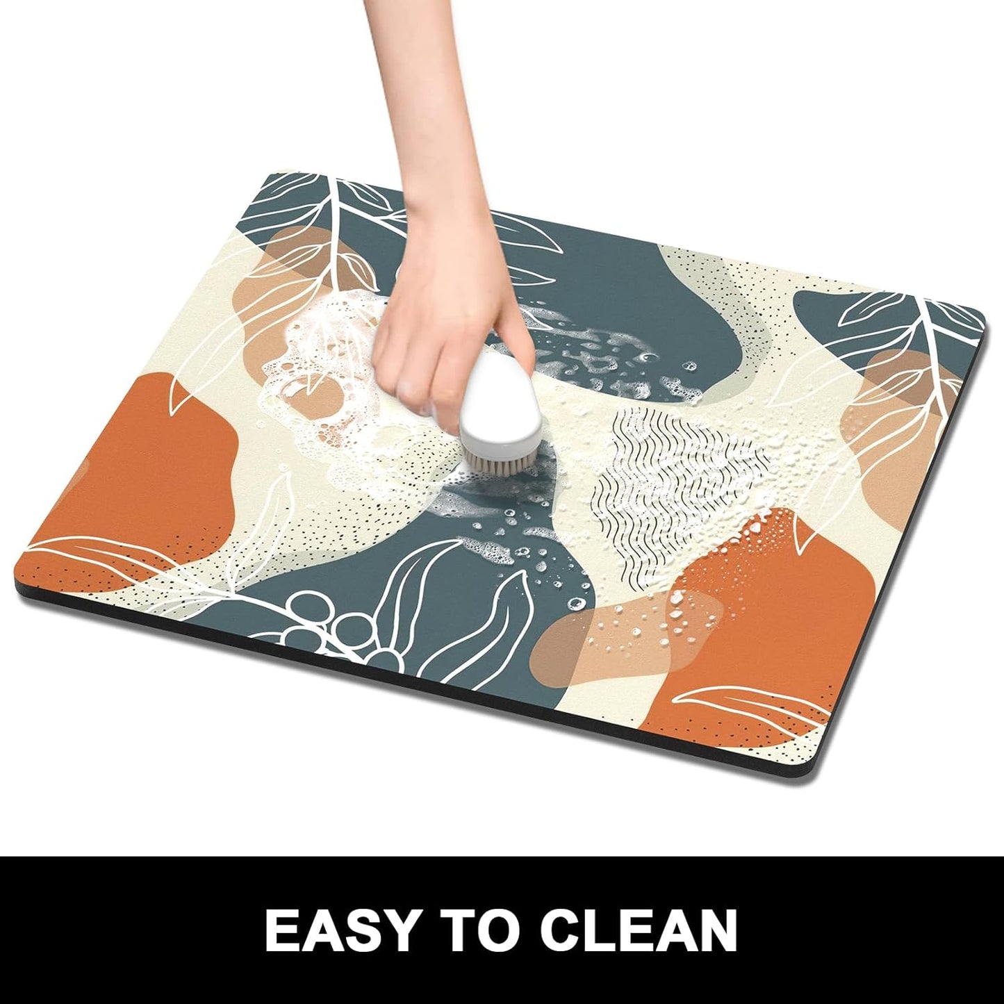 Rnivvi Dish Drying Mat for Kitchen Counter, 16 x 18" Cute Boho Theme Absorbent Heat Resistant Drying Pad with Non-slip Rubber, Coffee Bar Mats for Coffee Machine Dish Rack, Abstract Leaves