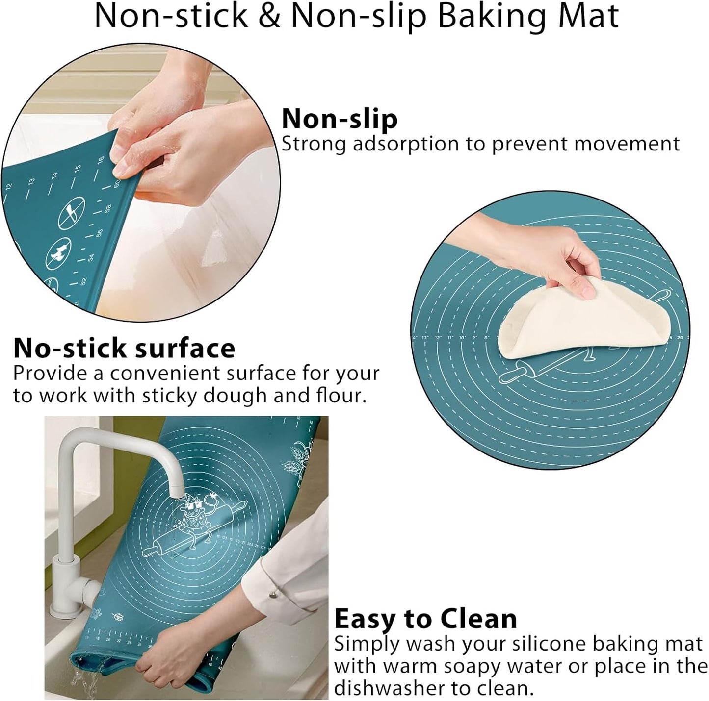 Silicone Pastry Mat 32" x 24" Extra Thick Non Stick Baking Mat with Measurements and Edge Heightening, Food Grade Silicone Rolling Mat for Pastry, Bread, Cookies, Pizza, Fondant, Pasta