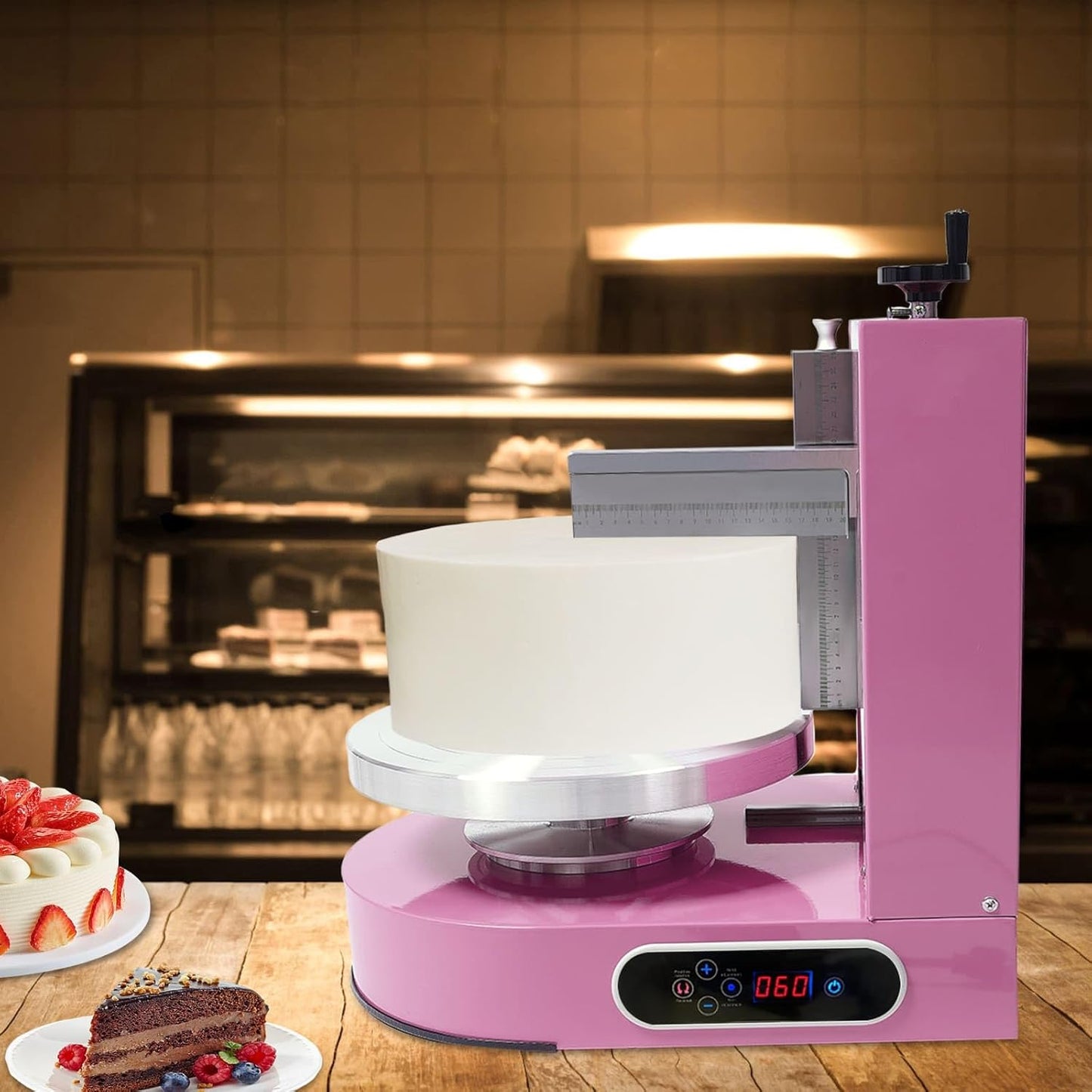 Cake Decorating Machine, Automatic Cake Cream Spreading Machine 200W for 4-12" Cakes, Cake Frosting Machine, 60-320rpm Rotating Speed, Turntable with Adjustable Scraper, LCD Display (Pink)