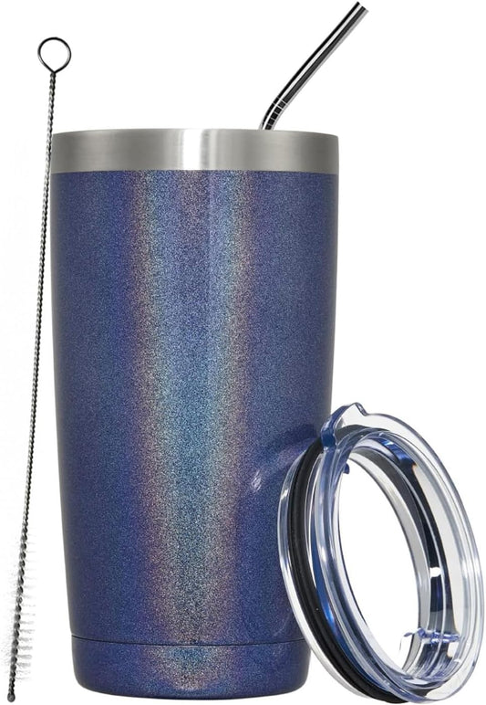 MEWAY 20oz Tumbler Double Wall Vacuum Insulated Travel Glitter Mug,Stainless Steel Tumblers with Lid and Straw, Powder Coated Coffee Cups for Woman (Rainbow Navy,1)