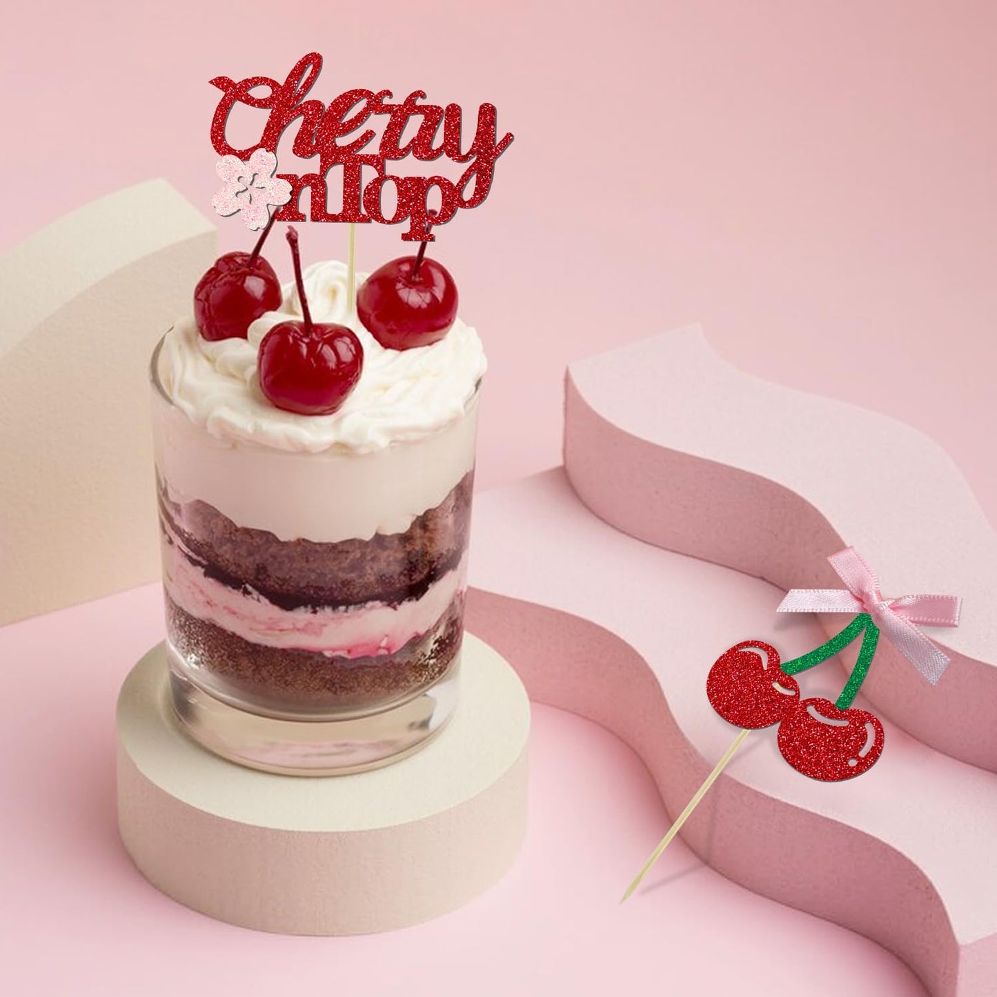 24 Pack She's the Cherry On Top Cupcake Toppers, Glitter Cherry Sweet Cake Pick for Fruits Theme Baby Shower and Bridal Shower Decorations Supplies (Ribbon Top)
