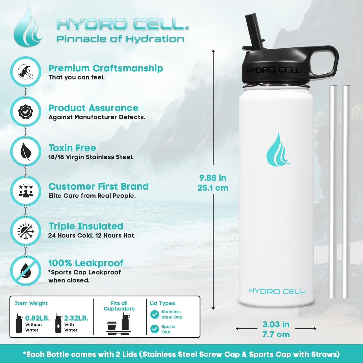 HYDRO CELL Stainless Steel Insulated Water Bottle with Straw - For Cold & Hot Drinks - Metal Vacuum Flask with Screw Cap and Modern Leakproof Sport Thermos for Adults (White 24oz)