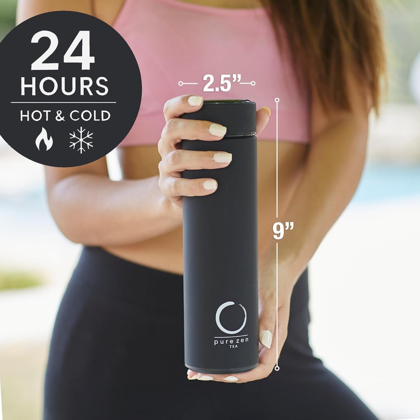 Pure Zen Tea Thermos with Infuser for Hot and Cold Infusions, Coffee and Fruit-Infused Water - Stainless Steel - Tea Infuser Bottle - Leakproof Travel Mug with Filter - 15oz - Black