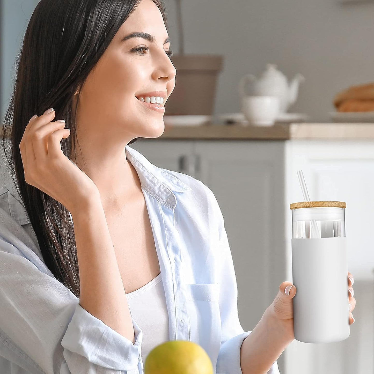 Tronco 20oz Glass Tumbler Glass Water Bottle Straw Silicone Protective Sleeve Bamboo Lid - BPA Free (Mixed color/8 Pack)