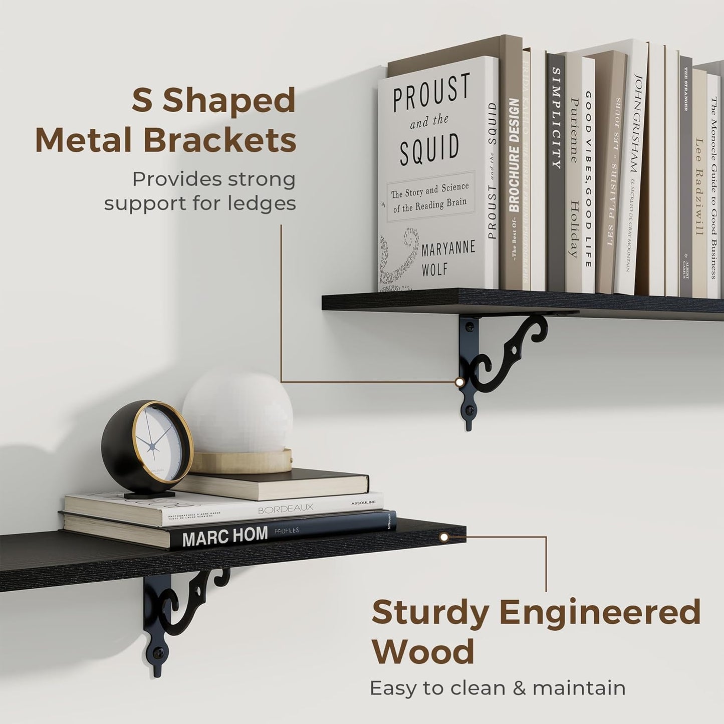 RICHFOCUS Floating Shelves for Wall Decor, 47.3W x 8D Wall Shelves Set of 2, 8 Inch Deep Rustic Wood Shelves Wall Mounted with Brackets, Long Floating Shelves for Living Room Bedroom Kitchen, Black