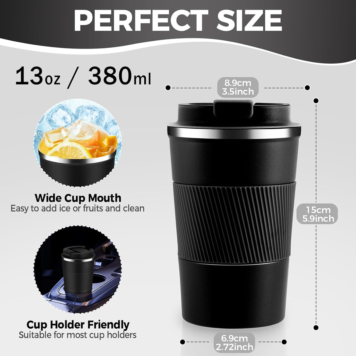 Volhoply 13 oz Stainless Steel Insulated Travel Coffee Mug with Fip Lid Bulk 8 Pack,Reusable Double Wall Vacuum Metal Coffee Cup,Portable Leak Proof Thermal Tumbler for Hot & Cold Drinks(Black,8)