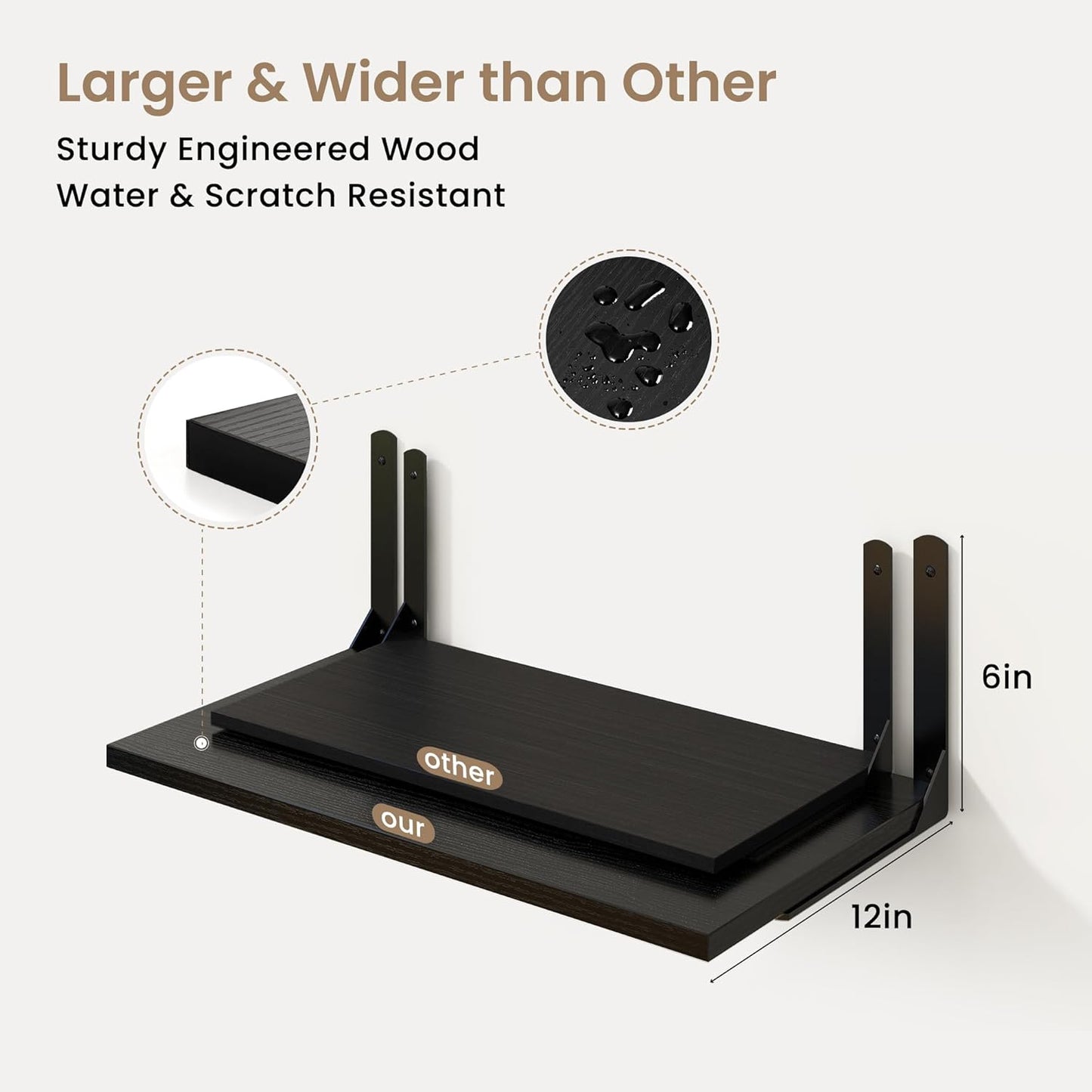 Fun Memories Floating Shelves for Wall, 12 Inch Deep Floating Shelves Set of 2, Wall Mounted Shelf with Metal Brackets, Rustic Wood Wide Shelf for Bathroom, Kitchen and Living Room, Black, 16W x 12D