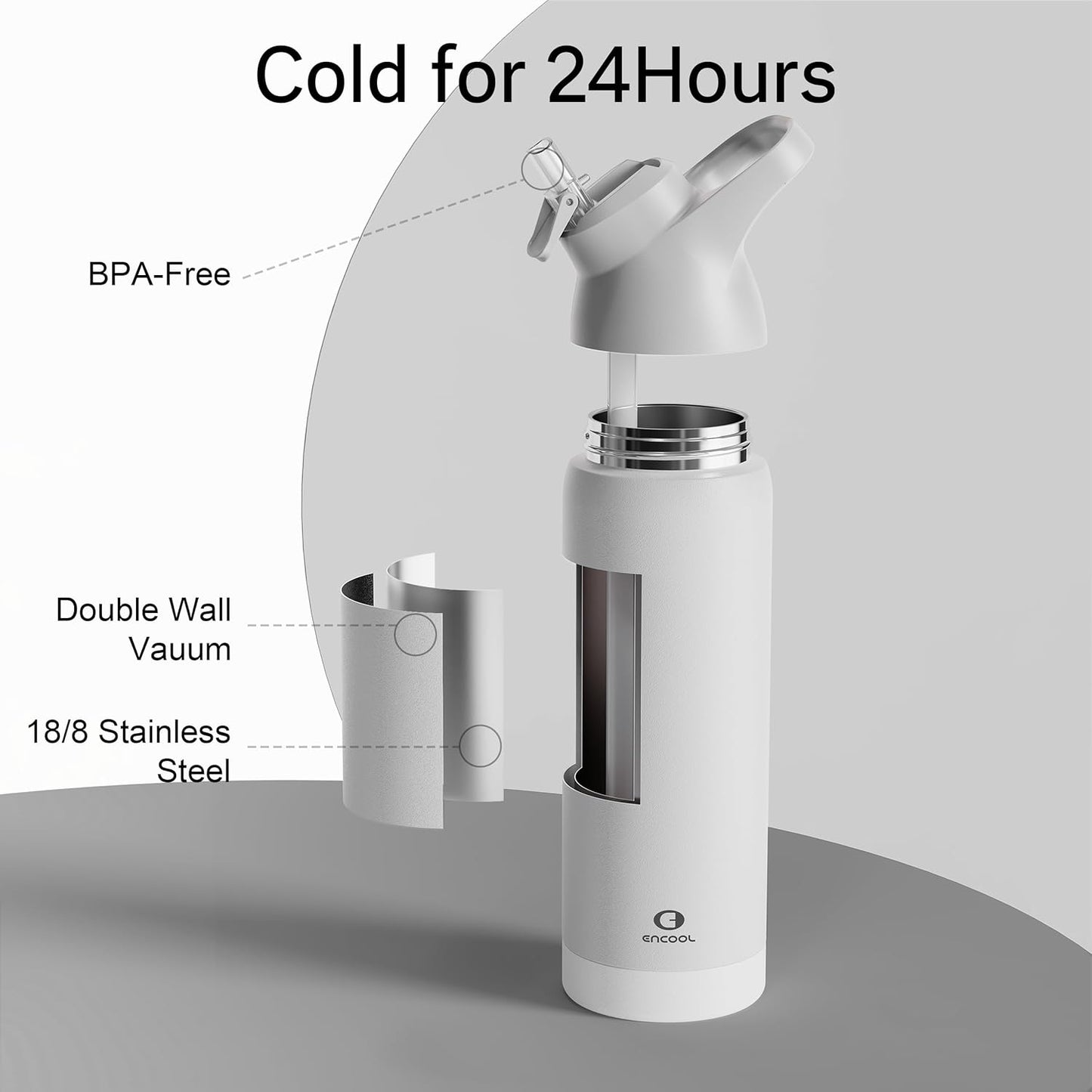 Insulated Water Bottle with Straw - Encool Stainless Steel Water Bottle, Reusable Leakproof and BPA-Free for Sports, Travel, Cold for 24 Hours, 32 oz, Snowflake