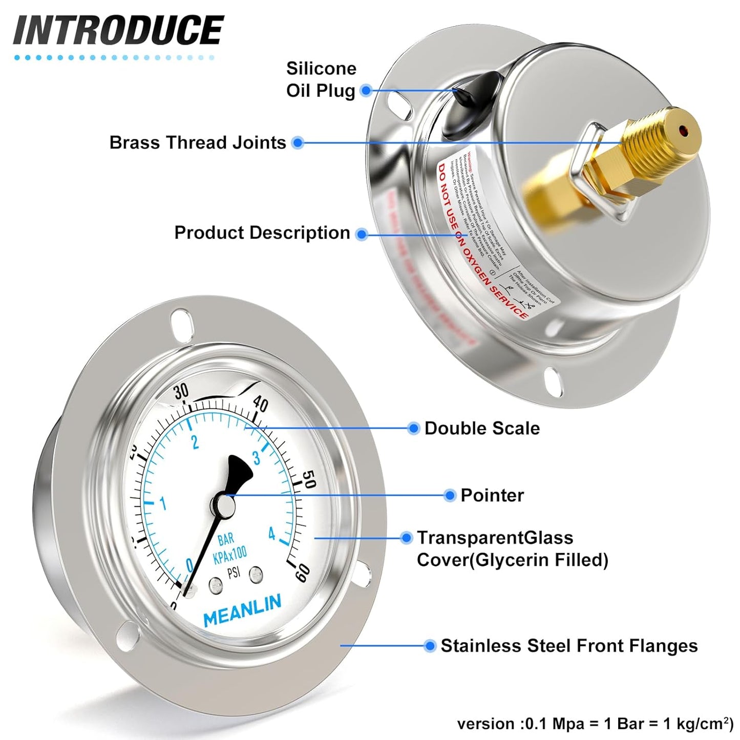 MEANLIN MEASURE 0~60Psi Liquid Filled Pressure Gauge Front Flange Panel Mount, 1/4" NPT 2.5" FACE DIAL Stainless Steel Case with Phillips Screw and Nut, +/-3-2-3%