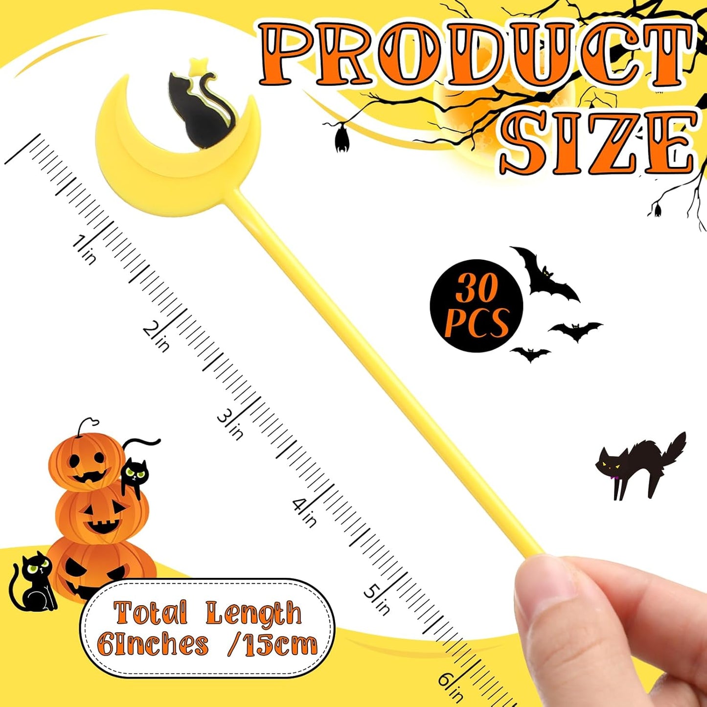 30 Pcs Halloween Swizzle Sticks Plastic Coffee and Cocktail Stirrers Fall Thanksgiving Drink Stirrers Cocktail Mixers for Halloween Fall Autumn Party Tea Coffee Bar Decoration(Moon and Cat)