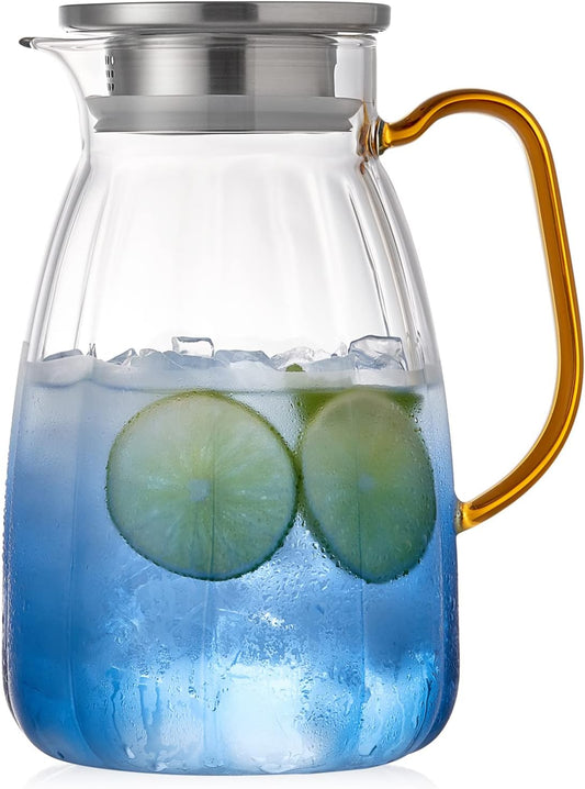 68OZ Glass Pitcher with Lid and Spout, Water Jug, 2000ml Carafe for Hot/Cold Water, Large Iced Tea Pitcher for Coffee, Juice and Homemade Beverage