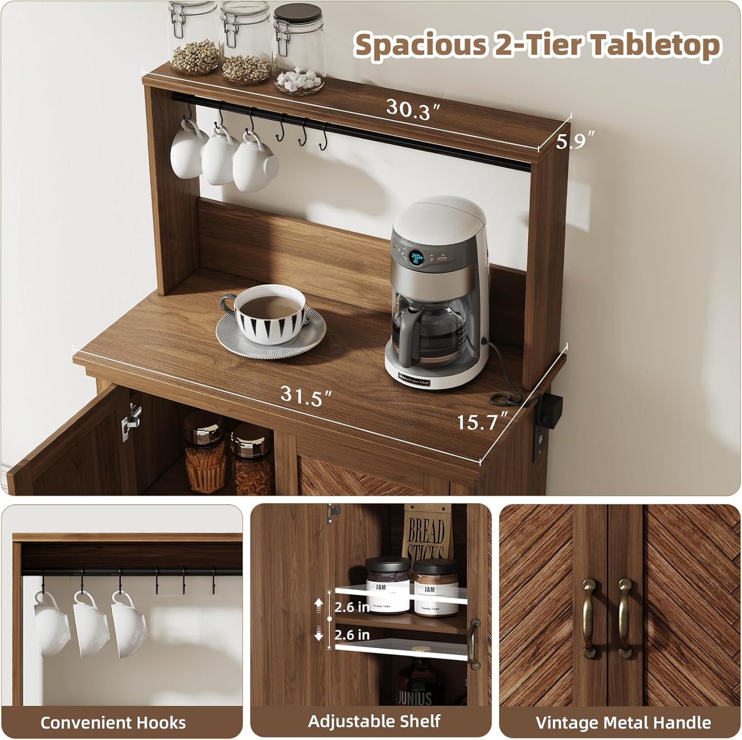 Farmhouse Coffee Bar Cabinet with Storage,31.5" Kitchen Cabinet with Hooks and Charging Station,Coffee Station with Adjustable Shelf and Hutch,Sideboard for Living Dining Room