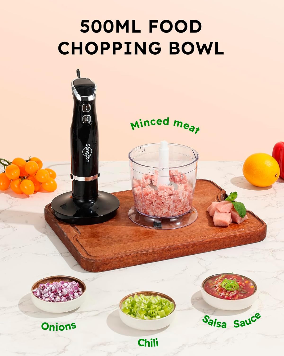 Sangcon 6-in-1 Immersion Blender Handheld, Hand Blender with Chopper & 34oz Blending Cup Storage Base, 2-Speed Adjustable Stick Blender,Stainless Steel Blades, Detachable Blender, Whisk, Milk Frother