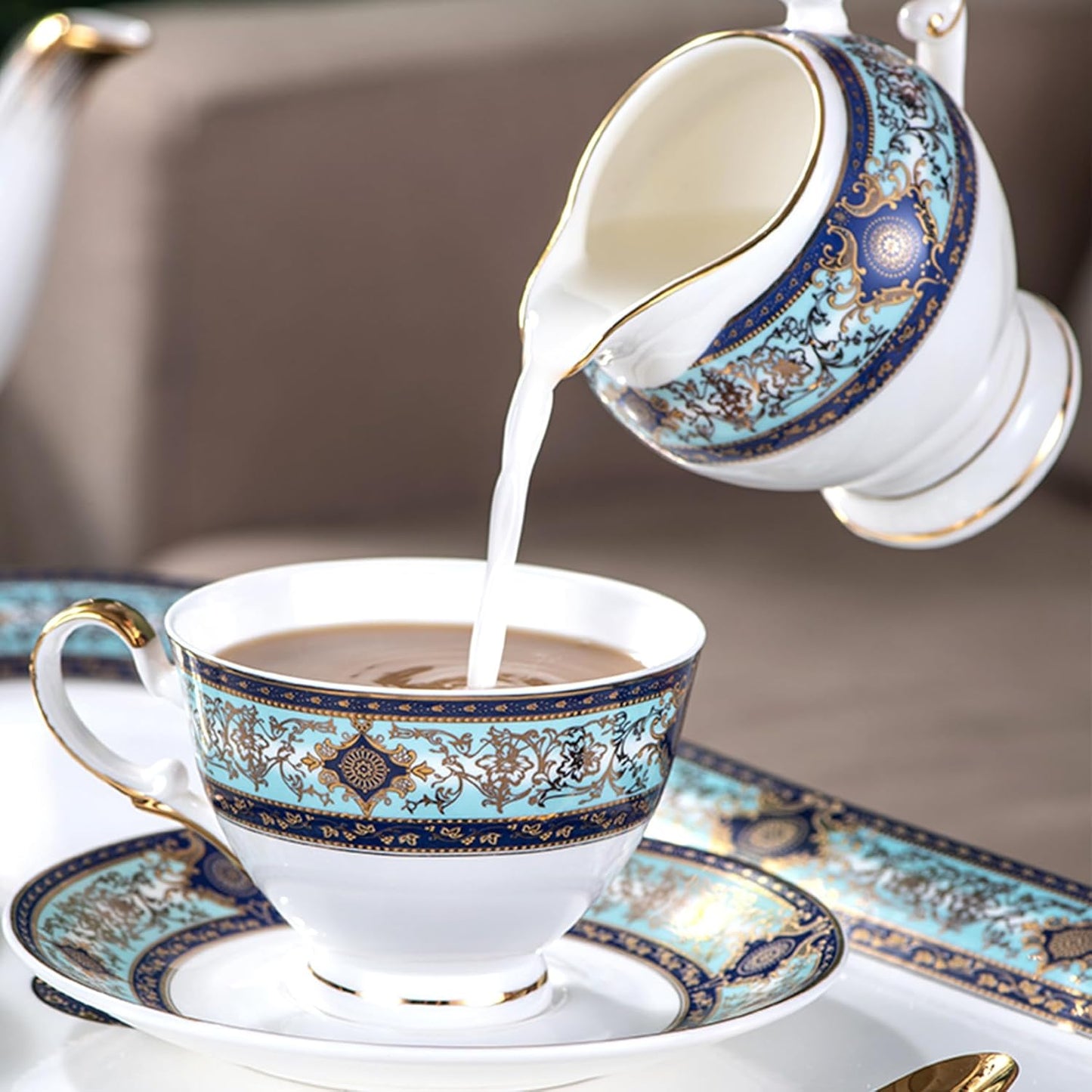 Euro Style Bone China Tea Set, 21 Piece Porcelain Tea Sets for 6 Adults, Bone China Tea Cup Set, Creamer Pitcher, Tea Set for Women Tea Party Set, Gift Package (21, Court)