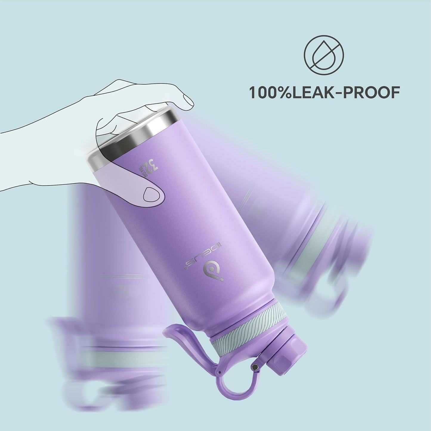 IDEUS Insulated Stainless Steel Water Bottle with 2 Leak-Proof Lids, Thermal Water Flask for Hiking Biking, 32oz, Violet