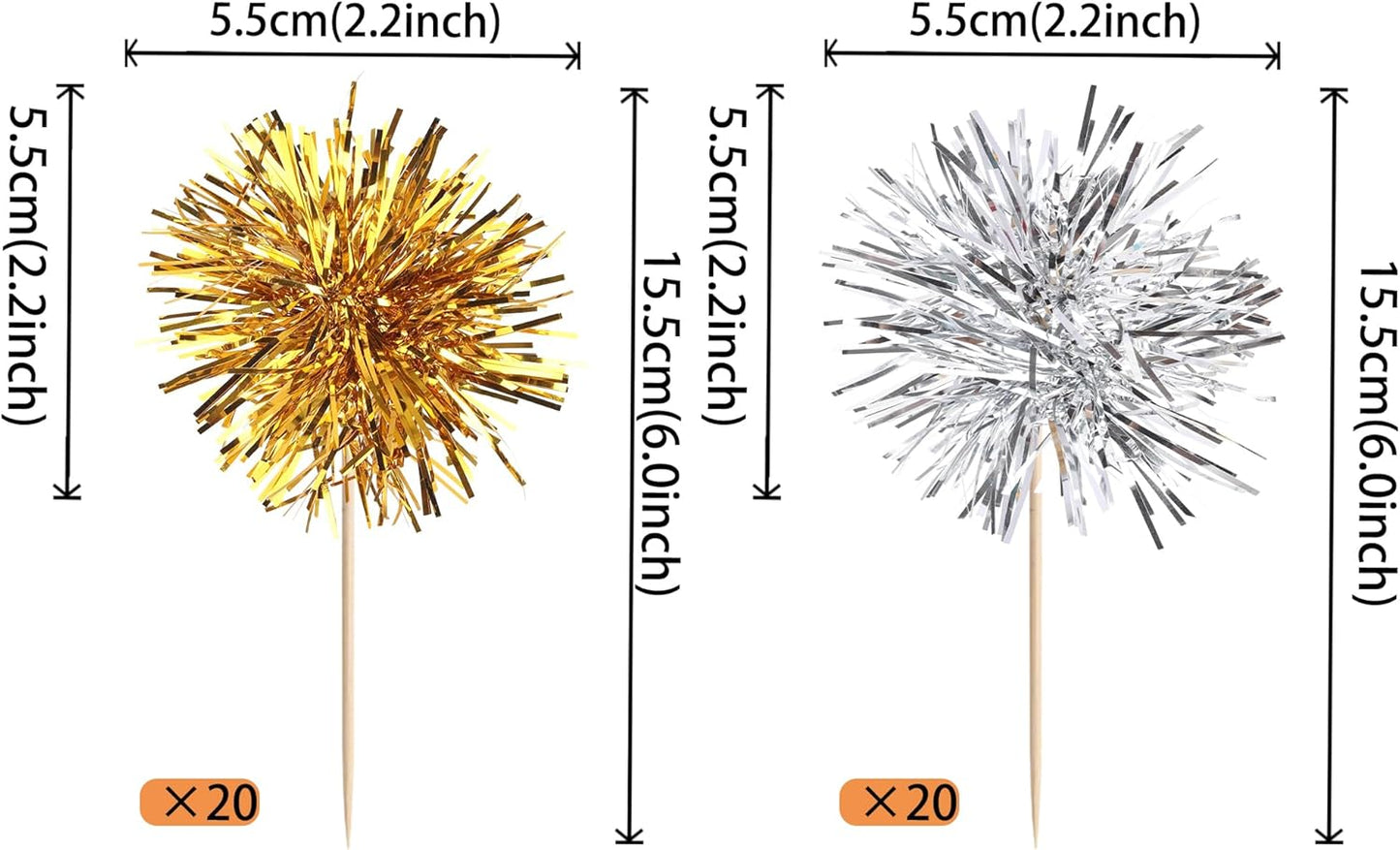 40 PCS Foil Firework Cupcake Toppers Sparkle Tinsel Cupcakae Picks Foil Firework Party Decorations Cocktail Fruit Toothpick for Fireworks Theme Birthday Wedding Graduation Party Decoration Gold Silver