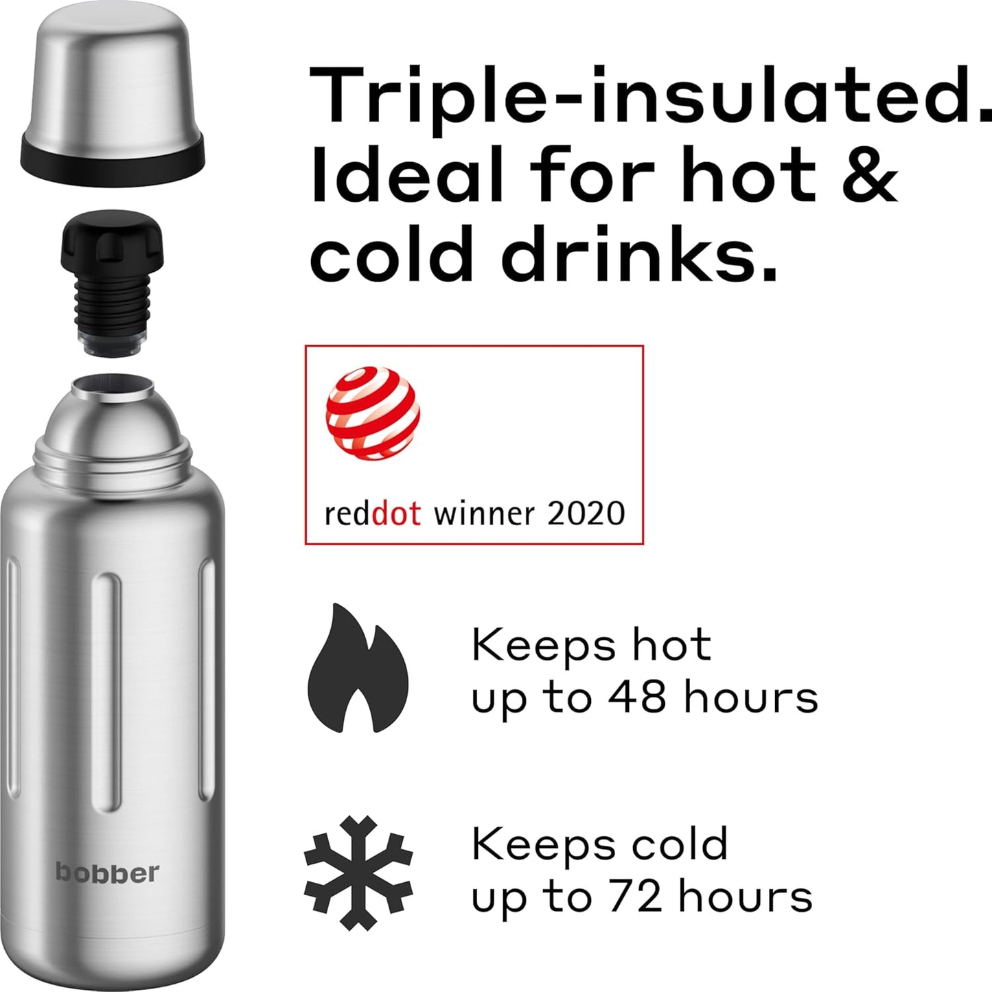 Bobber - 34 oz Vacuum Insulated Stainless Steel Water Bottle with Cup Lid - Dishwasher Safe - Keeps Drinks Hot for 48 Hours and Cold for 72 Hours - Double Walled Thermo Flask (Matte)