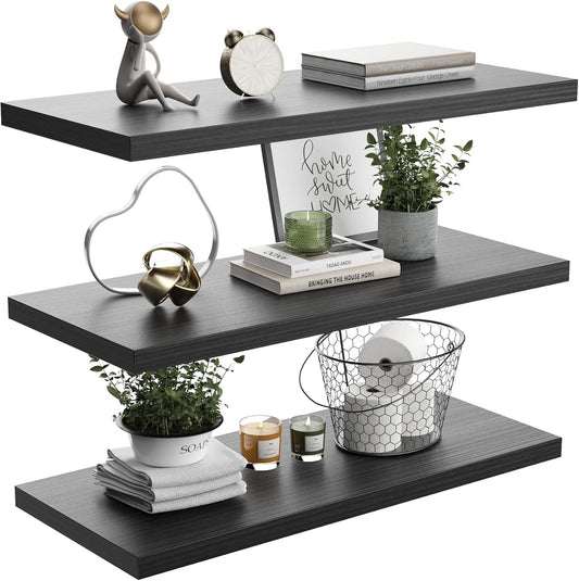 Wall Shelf Set of 3,Dark Wood Floating Shelves 36 in W x 10 in D x 1 in H, Wooden Floating Wall Shelf with Invisible Brackets for Living Room/Bedroom/Bathroom/Kitchen Storage and Decor
