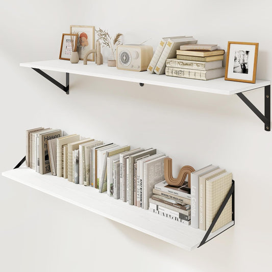 Heimlove White Deep Floating Shelves for Wall, 40W x 8D Wood Wall Shelves Set of 2, Wide Floating Bookshelf for Living Room, Kitchen, Office, Bedroom and Decor Storage, with Black Bracket - White