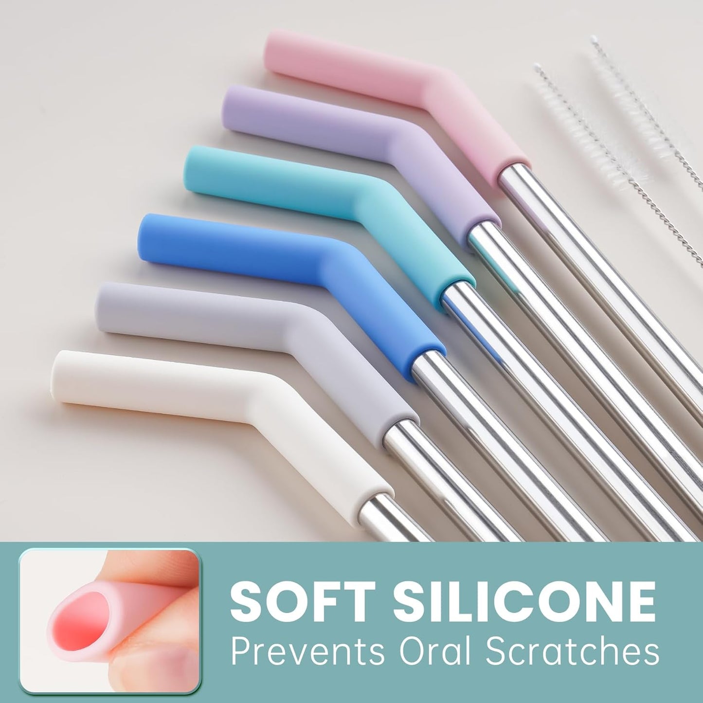 Tomorotec 6-Pack Stainless Steel Reusable Straw with Silicone Tip 3 Sizes, Metal Drinking Straws Fit for Stanley Quencher Tumblers 40oz, 30oz, 20oz, 14oz, Cleaning Brushes Included (Morandi)