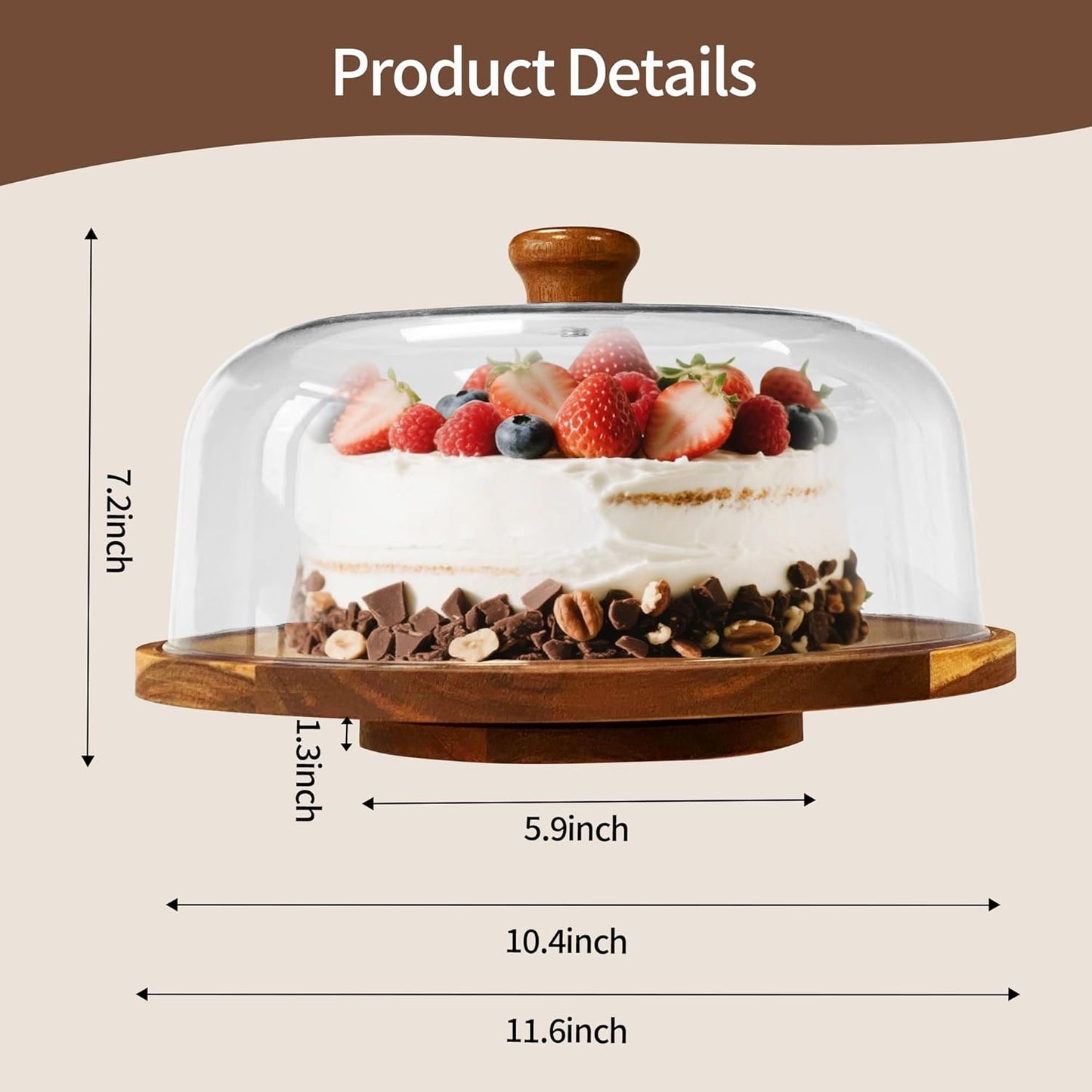Rotating-Wood-Cake-Stand With Acrylic Dome Lid, Round Wooden Cake Holder Plate With Cover, 2-in-1 Dessert Table Display Set For Party, Charcuterie Board For Cheese, Chips & Dips, Nachos, Fruit Platter